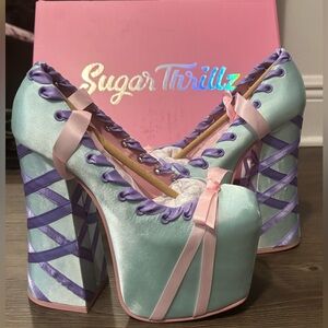 NIB Dolls Kill / Sugar Thrillz Blue & Pink Sweet Sonata Ballet Wrap Heels